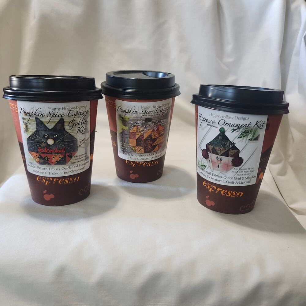 3 Happy Hollow  Espresso Ornament Kits Quilt 664 Caroler 699 Pumpkin 675 Cat PO